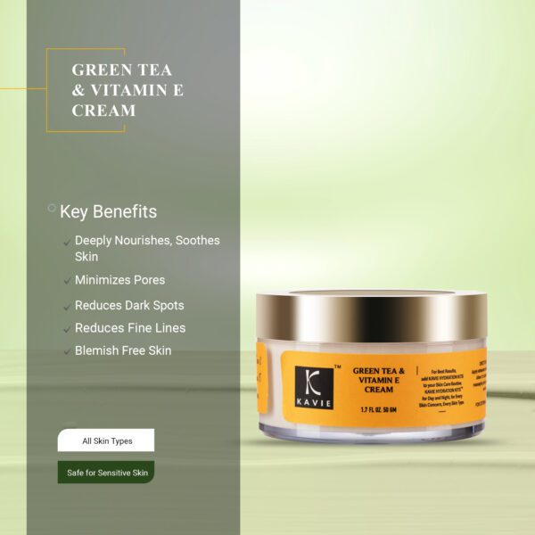 Green Tea & Vitamin E Face Cream with Jojoba Oil, Glycolic Acid for Blemish free Skin Men & Women - Image 2