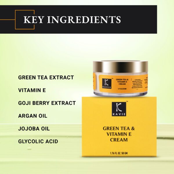 Green Tea & Vitamin E Face Cream with Jojoba Oil, Glycolic Acid for Blemish free Skin Men & Women - Image 3